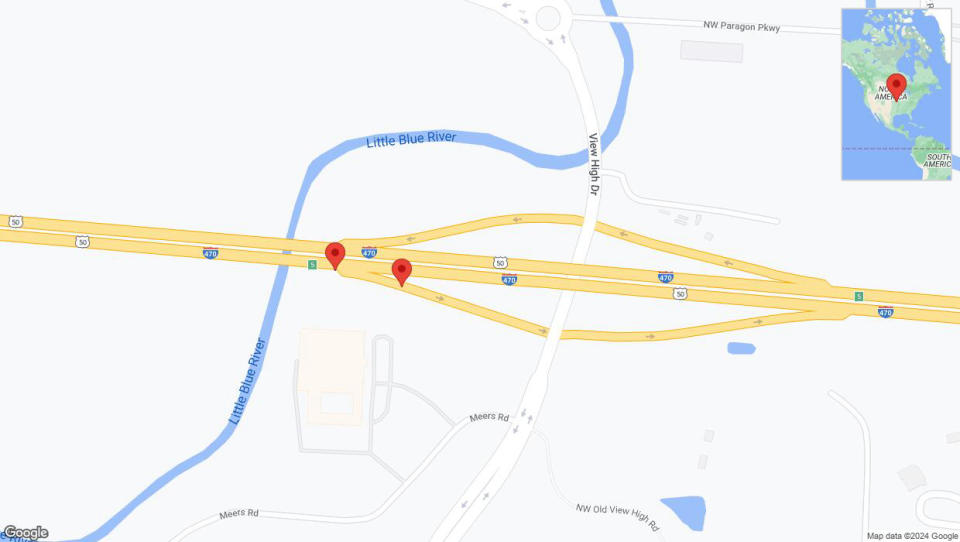 A detailed map that shows the affected road due to 'Broken down vehicle on View High Drive in Kansas City' on July 22nd at 1:03 p.m.