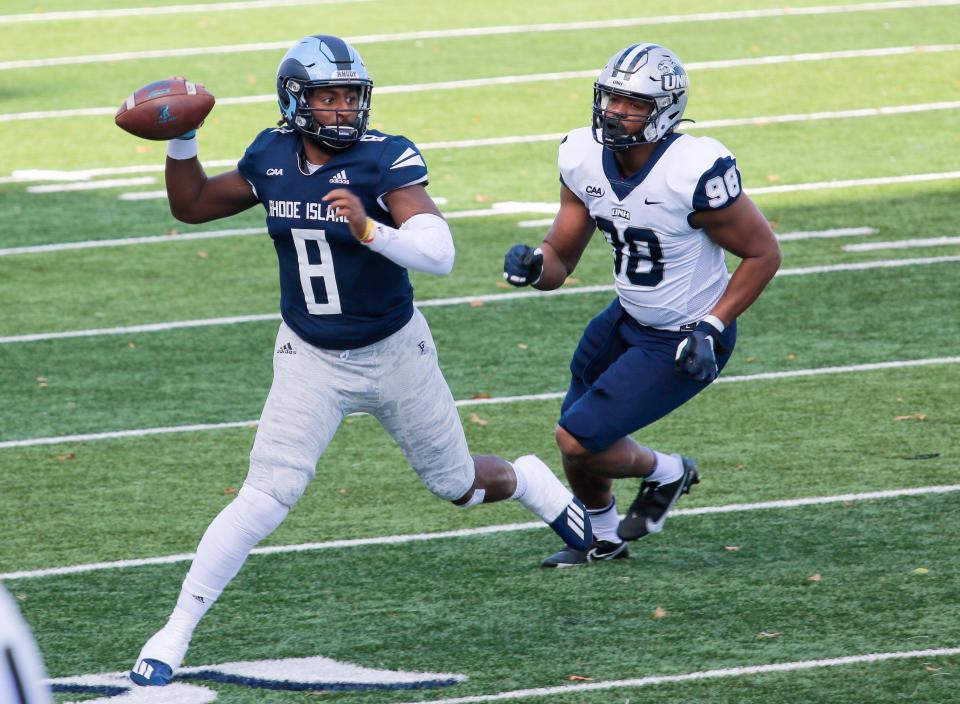 URI's Kasim Hill, shown in a game vs. UNH last season, was 17 of 32 for 236 yards and two touchdowns on Thursday at Stony Brook.