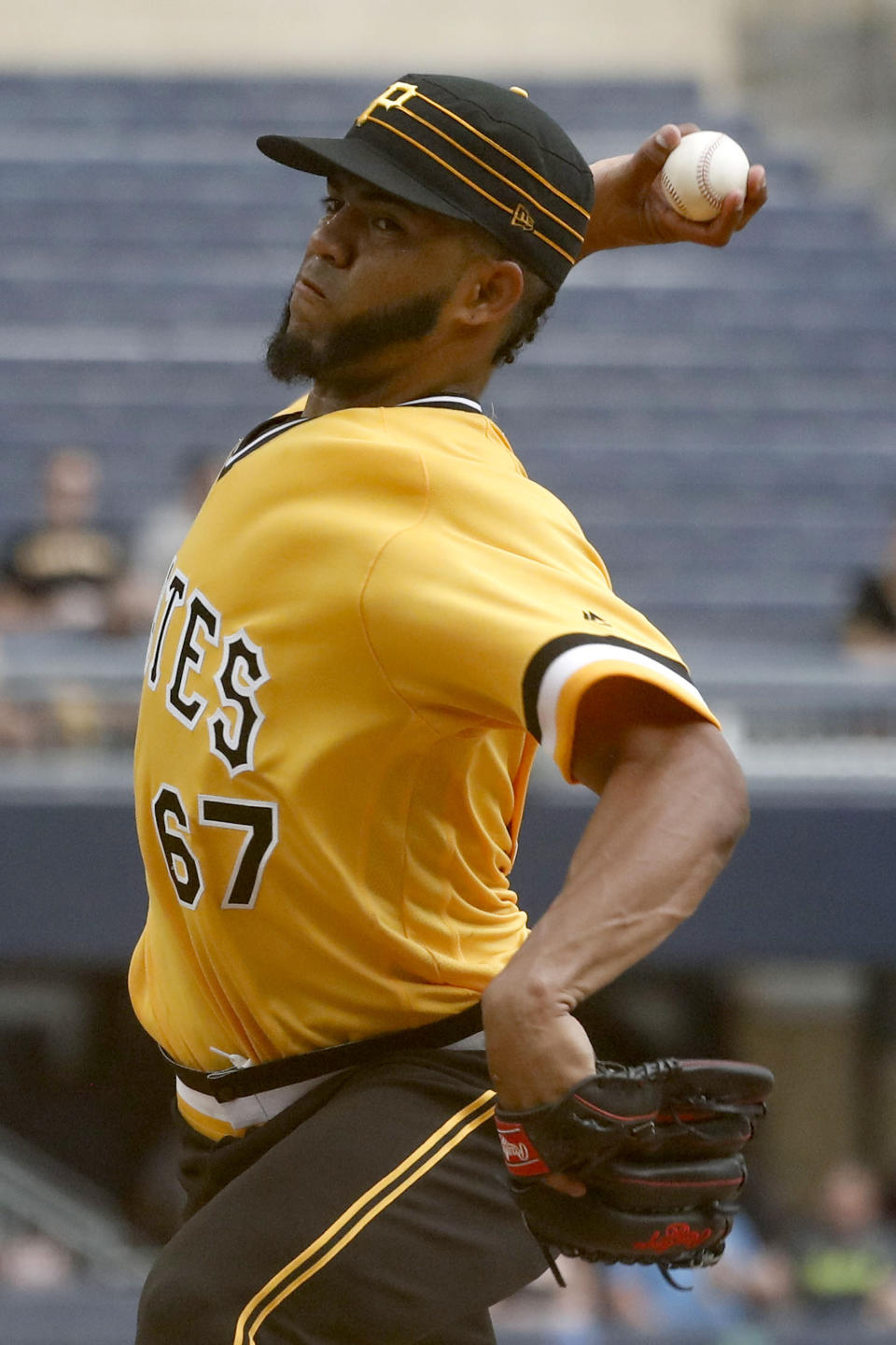 Pittsburgh Pirates starting pitcher Dario Agrazal throws against the Philadelphia Phillies during the first inning of a baseball game, Sunday, July 21, 2019, in Pittsburgh. (AP Photo/Keith Srakocic)