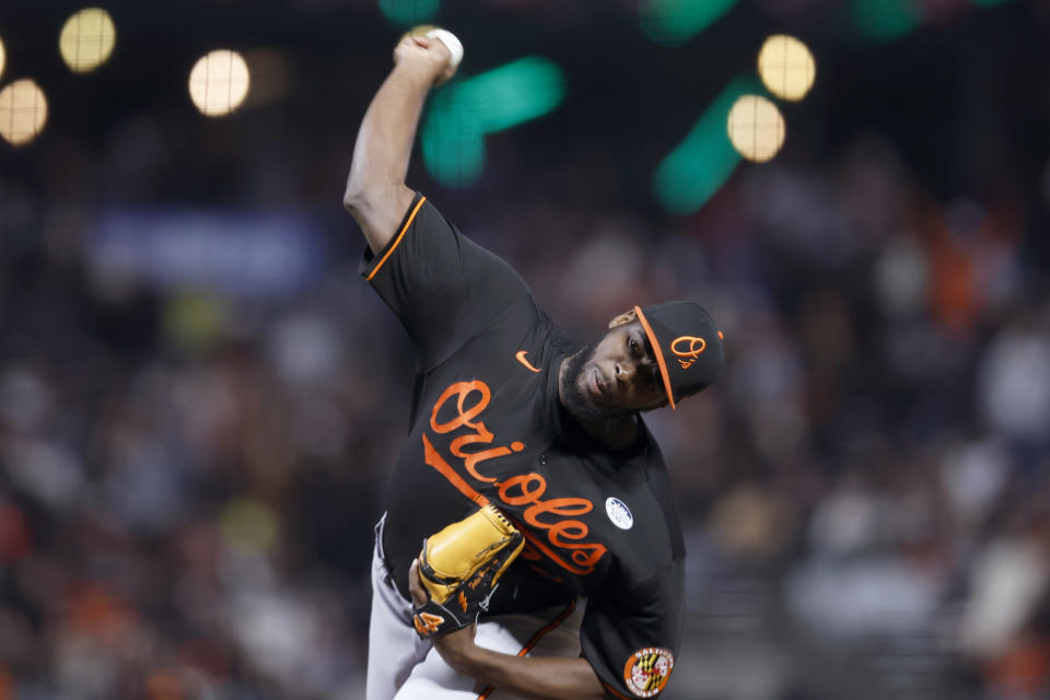 Baltimore Orioles relief pitcher Felix Bautista throws to a San Francisco Giants batter during the ninth inning of a baseball game in San Francisco, Friday, June 2, 2023. (AP Photo/Jed Jacobsohn)