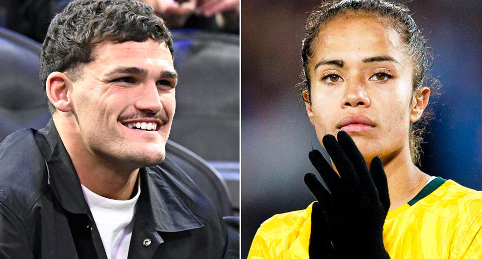 Pictured left to right is NRL star Nathan Cleary and Matildas ace Mary Fowler.
