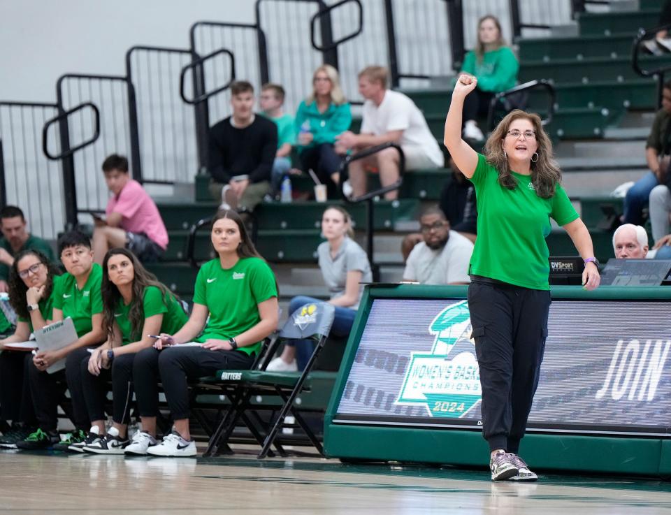 Stetson head coach Lynn Bria gives instructions to her team during a game with Austin Peay at the Edmunds Center in DeLand, Saturday, March 9, 2024.