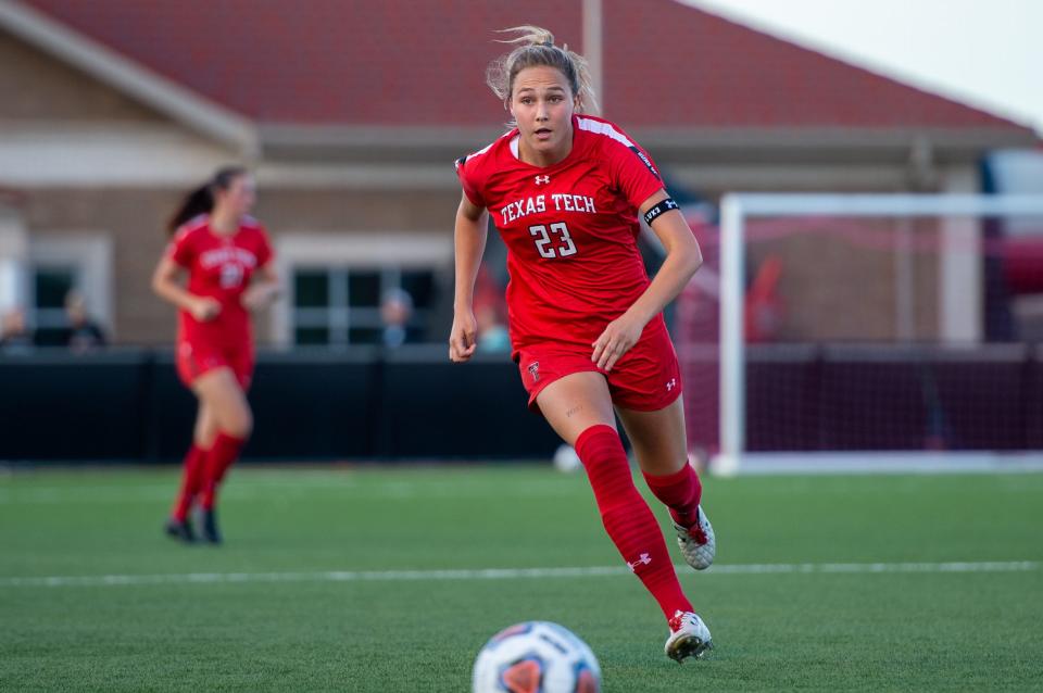 Macy Blackburn runs for the ball during the soccer match against UTEP on Thursday August 19, 2021 at the John Walker Soccer Complex in Lubbock, Texas.