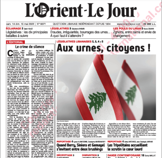 La une du quotidien “L’Orient-Le Jour”, samedi 14 mai : “Aux urnes, citoyens !”.. 