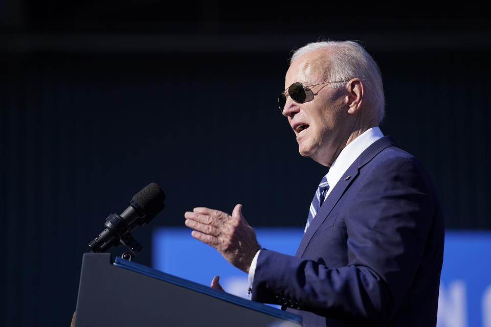 President Joe Biden speaks at Tioga Marine Terminal, Friday, Oct. 13, 2023, in Philadelphia. (AP Photo/Evan Vucci)