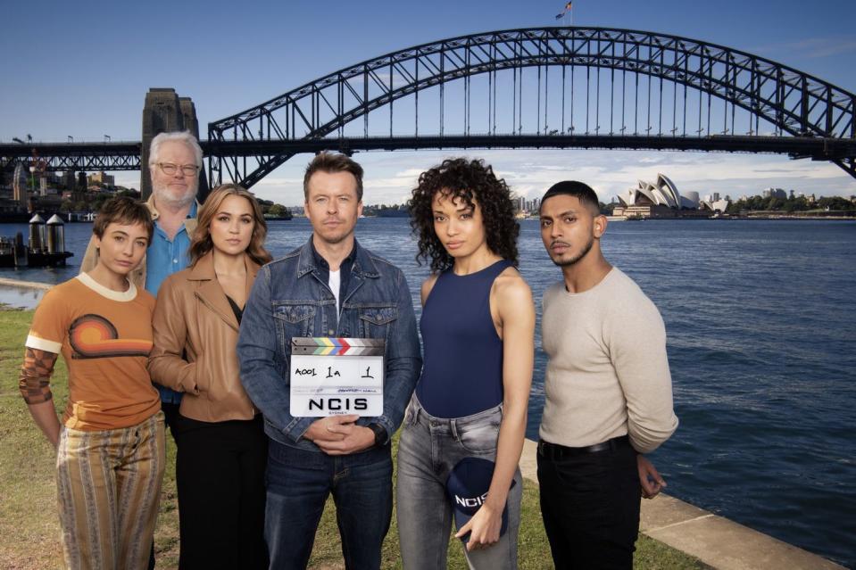 ncis sydney cast, from left mavournee hazel, william mcinnes, tuuli narkle, todd lasance, olivia swann and sean sagar