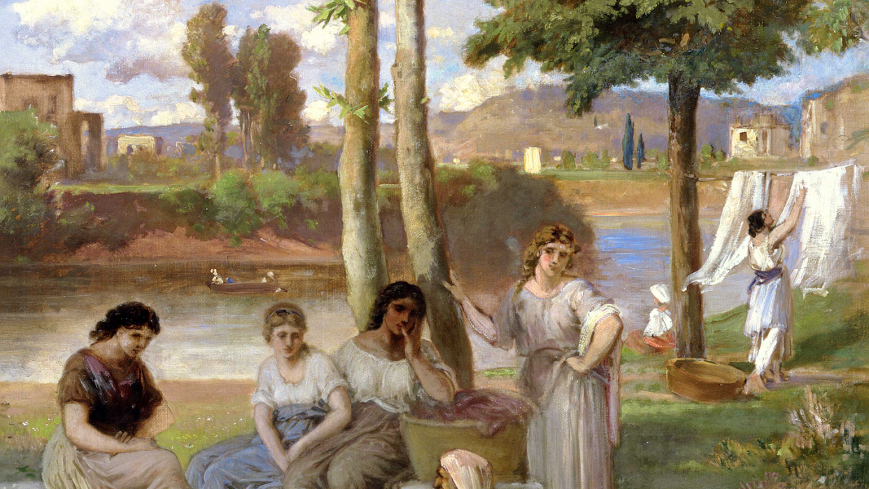 a painting depicting women gathered together on a lawn washing clothes