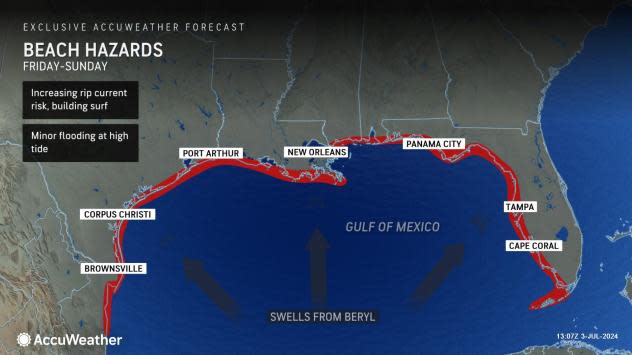 Hurricane Beryl is expected to bring life-threatening surf and rip currents to the entire U.S. Gulf Coast.