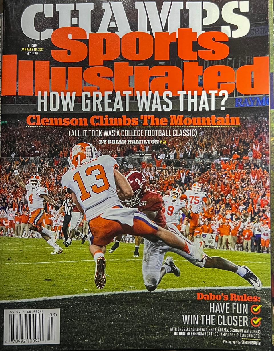 Clemson SI cover January 16, 2017, Deshaun Watson to Hunter Renfrow beating Alabama in Tampa on a last second play.