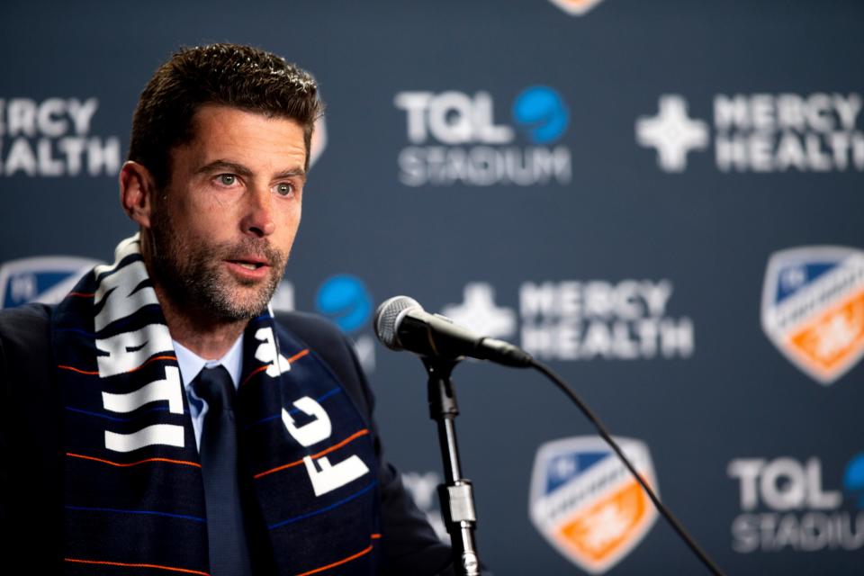 FC Cincinnati head coach Pat Noonan speaks during a press conference announcing him as the new head coach of FC Cincinnati on Tuesday, Dec. 14, 2021. Noonan is a former assistant coach of the Philadelphia Union, where he coached from 2018 to 2021.