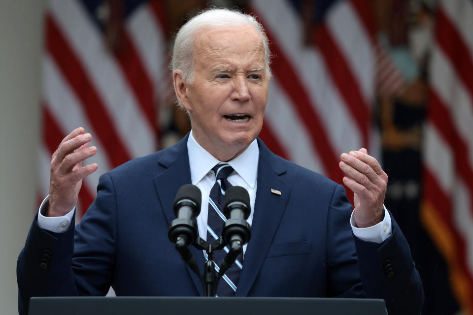 WASHINGTON, DC - MAY 14: U.S. President Joe Biden announces increased tariffs on Chinese products to promote American investments and jobs in the Rose Garden of the White House on May 14, 2024 in Washington, DC. In order to protect American businesses, Biden announced the raising of tariffs on Chinese imports that he says are unfairly subsidized by Beijing, including electric vehicles, solar cells, semiconductors and advanced batteries. (Photo by Win McNamee/Getty Images)