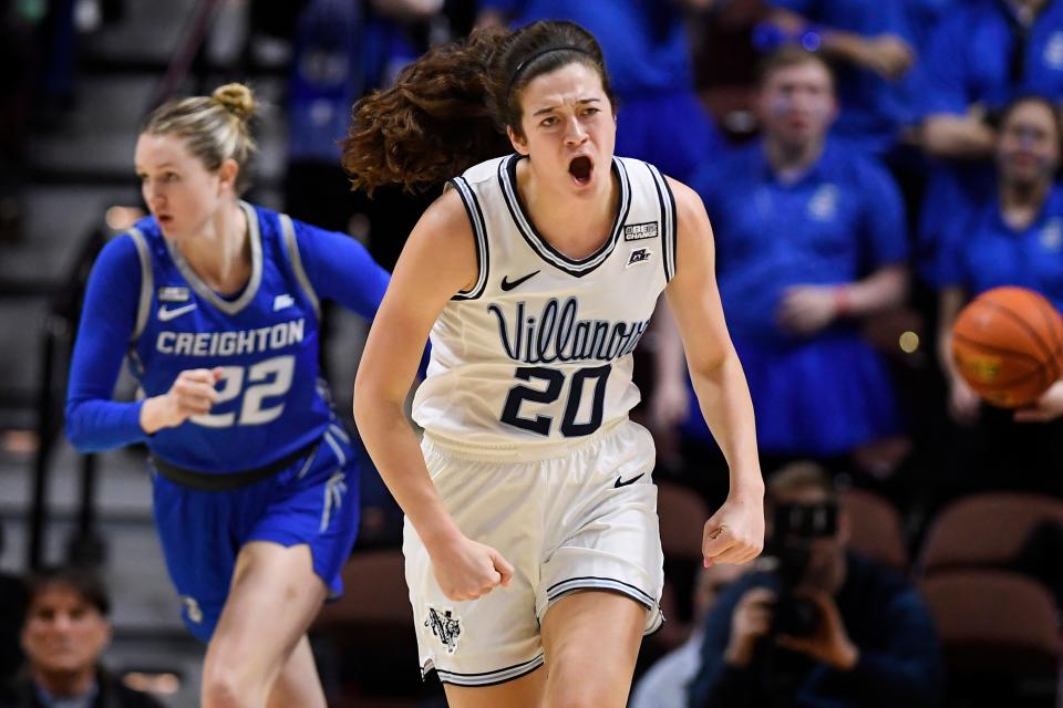 Villanova's Maddy Siegrist (20) reacts during the first half of an NCAA college basketball game against Creighton in the semifinals of the Big East Conference tournament at Mohegan Sun Arena, Sunday, March 5, 2023, in Uncasville, Conn. (AP Photo/Jessica Hill)