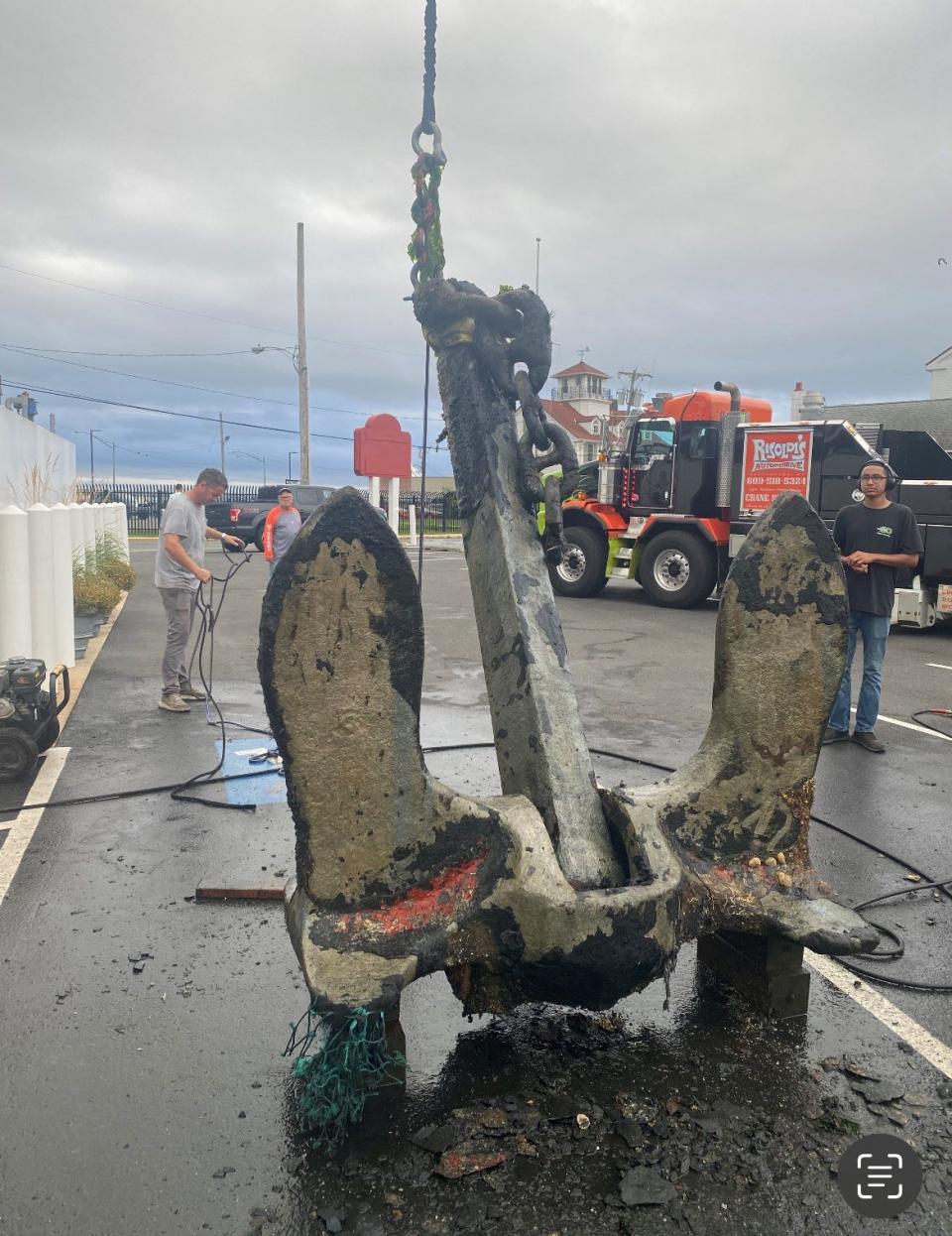 A 5-ton Baldt anchor that belonged to the Morro Castle is lifted out of the water at Captain Bill's Landing in Point Pleasant Beach, where it is being stored.