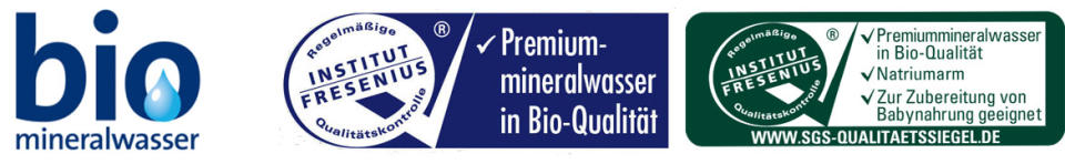 Siegel für Mineralwasser in Bio-Qualität: links das Zeichen der Qualitätsgemeinschaft Bio-Mineralwasser e.V., rechts die beiden Logos des Fresenius-Instituts. (Quelle: Verbraucherzentrale Hamburg)