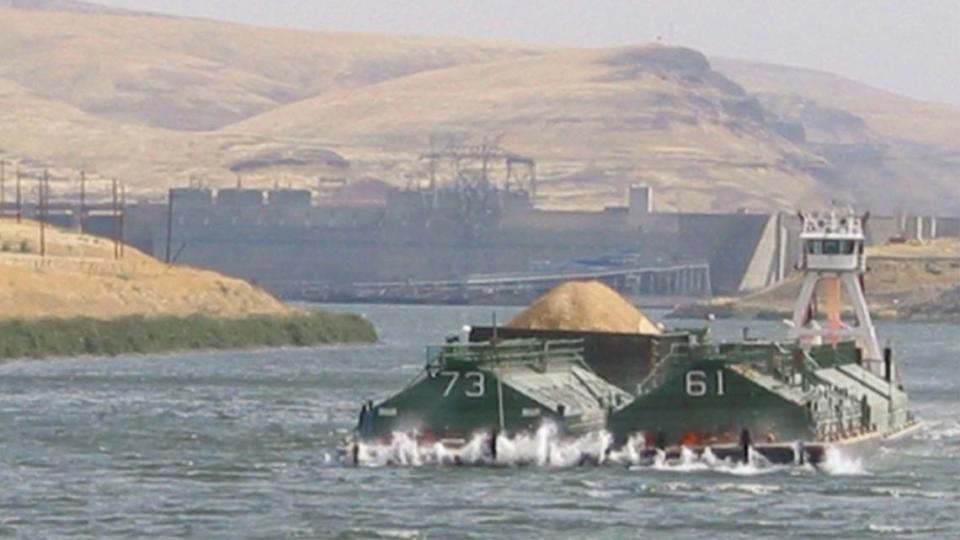 A barge travels the lower Snake River in Eastern Washington. A four-barge tow can carry as much wheat as 500 semi trucks, according to Pacific Northwest Waterways Association.