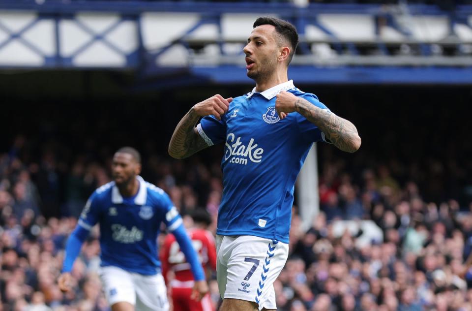 Dwight McNeil celebrates after scoring Everton’s second goal (Getty Images)