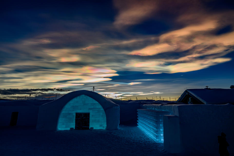 nacreous clouds above ice hotel, Sweden.