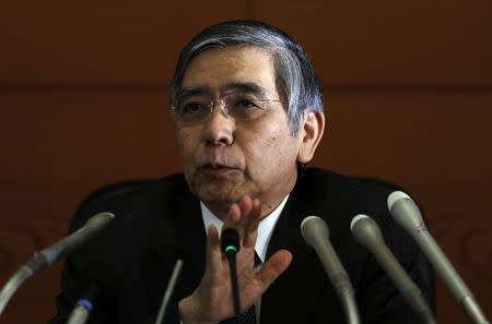 Bank of Japan (BOJ) Governor Haruhiko Kuroda gestures as he answers the questions from journalist during a news conference at the BOJ headquarters in Tokyo October 7, 2014. REUTERS/Yuya Shino