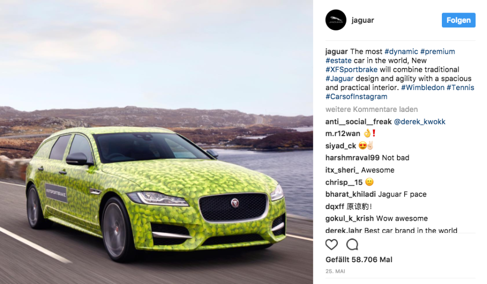 <p>Der britische Autoriese Jaguar ist knapp an der Top 5 vorbeigerauscht. Mit 6,3 Millionen Followern reicht es für den Sportwagenhersteller nur für Platz 6.<br> (Bild: instagram.com/jaguar) </p>