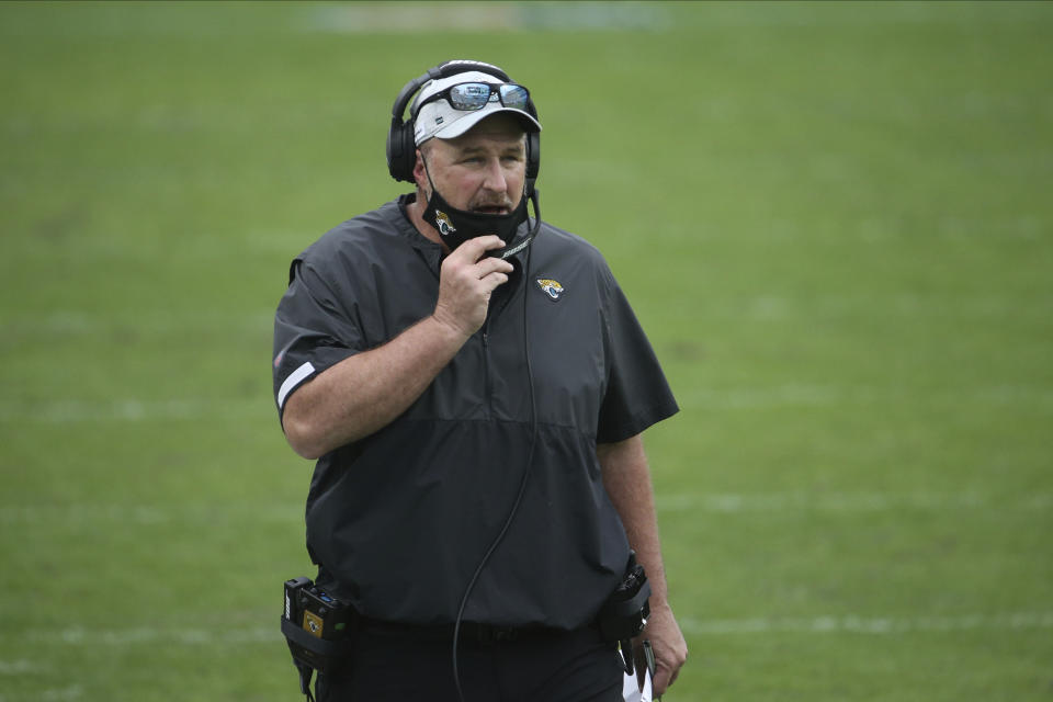 Jacksonville Jaguars head coach Doug Marrone walks the sideline during the first half of an NFL football game against the Cleveland Browns, Sunday, Nov. 29, 2020, in Jacksonville, Fla. (AP Photo/Stephen B. Morton)