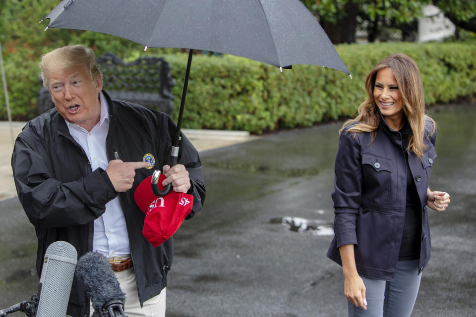 Ahead of their trip to storm-damaged Florida, Trump stopped to talk to reporters about their television interviews. Source: Getty