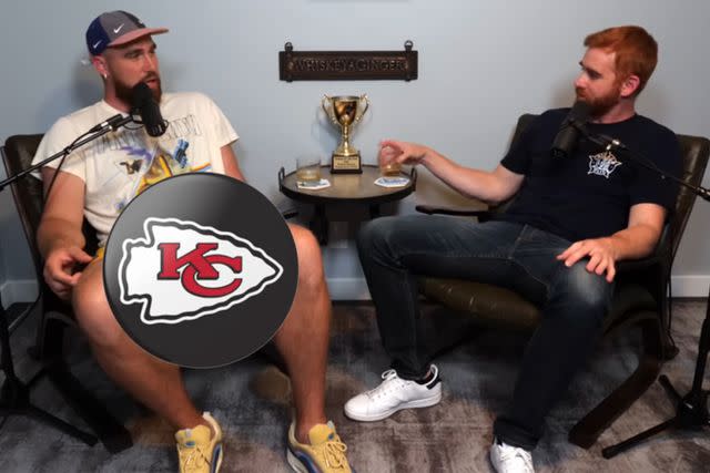 <p> Whiskey Ginger/YouTube</p> Travis Kelce (left) and Andrew Santino