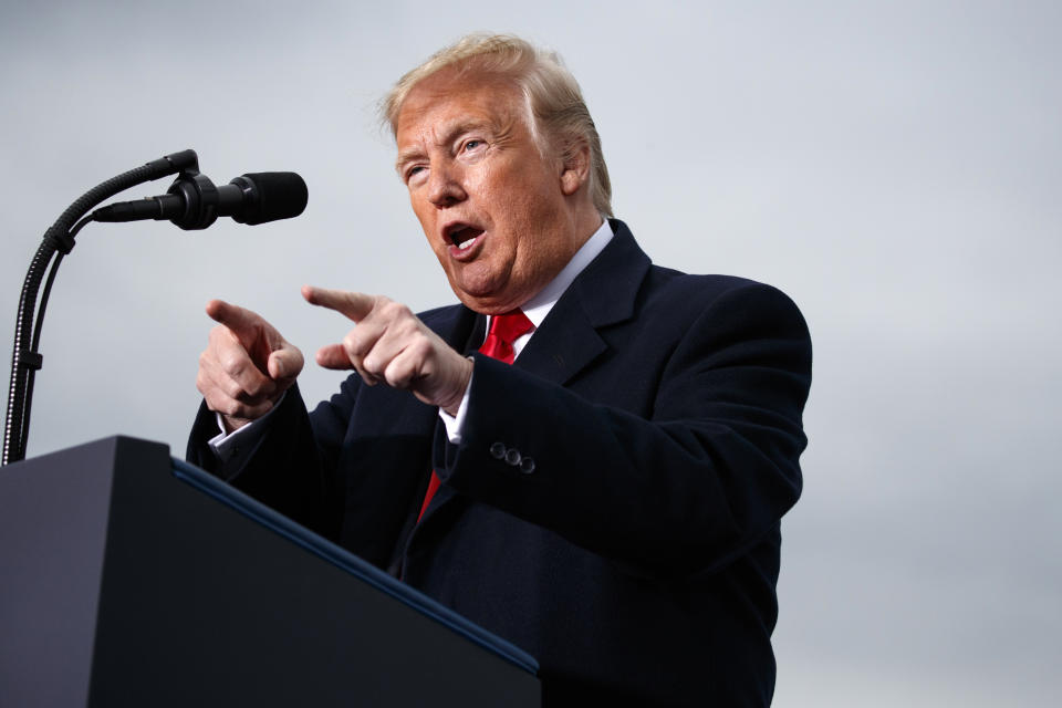 President Donald Trump speaks during at a campaign rally at Huntington Tri-State Airport, Friday, Nov. 2, 2018, in Huntington, W.Va. (AP Photo/Evan Vucci)