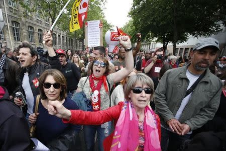 French labour union members march during a demonstration in protest of the government's proposed labour law reforms in Paris, France, May 26, 2016. REUTERS/Charles Platiau