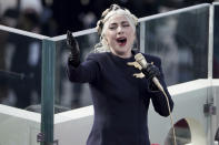 Lady Gaga sings the national anthem during the 59th Presidential Inauguration at the U.S. Capitol for President-elect Joe Biden in Washington, Wednesday, Jan. 20, 2021. (Greg Nash/Pool Photo via AP)