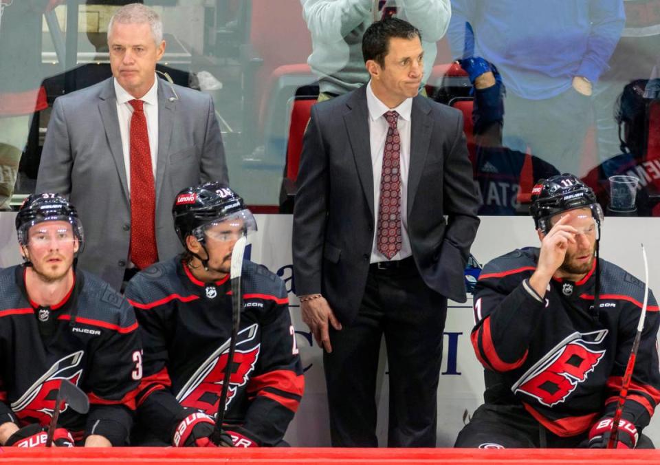 Carolina Hurricanes coach Rod Brind’Amour reacts after the New York Rangers scored an empty net goal to take a 5-3 lead in the closing minute of Game 6, clinching the second round series of the 2024 Stanley Cup playoffs on Thursday, May 16, 2024 at PNC Arena in Raleigh N.C.