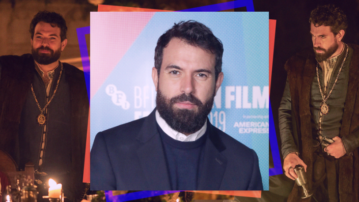 Left and right: Tom Cullen in Becoming Elizabeth (Photos: Starz); center: Cullen in 2019 (Photo: John Phillips/Getty Images for BFI) 
