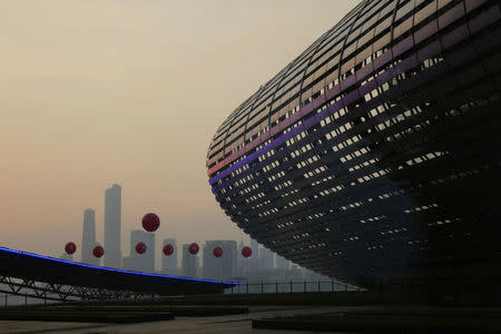 Balloons are displayed outside the venue of the China Import and Export Fair in Guangzhou, China April 17, 2017. REUTERS/Venus Wu