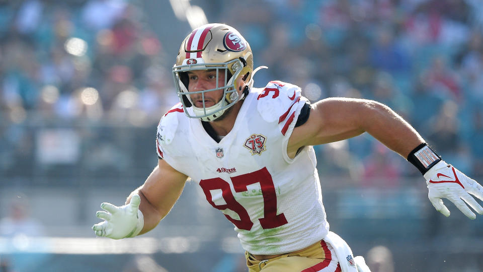 San Francisco 49ers defensive end Nick Bosa (97) has been holding out, looking for a new contract. (AP Photo/Phelan M. Ebenhack)