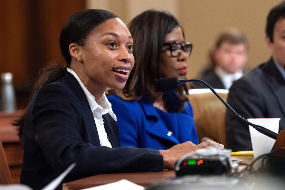 Six-time Olympic gold medalist Allyson Felix testifies before the US House Ways and Means Committees hearing on overcoming racial disparities and social determinants in the maternal mortality crisis, on Capitol Hill in Washington, DC, on May 16, 2019.
