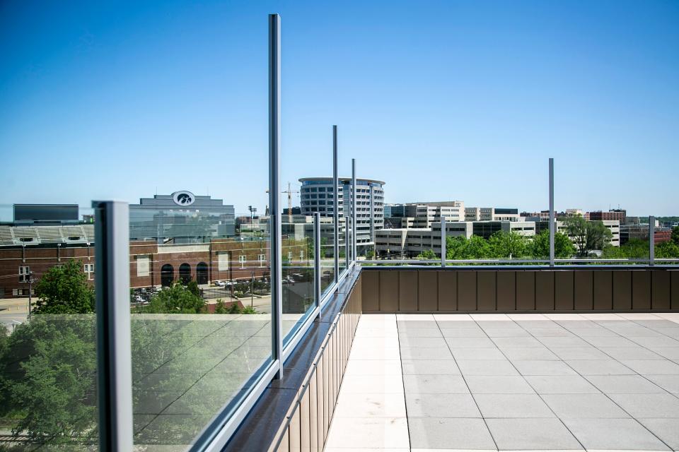 Kinnick Stadium is visible from the sixth-floor rooftop patio at the Courtyard Marriott in University Heights.