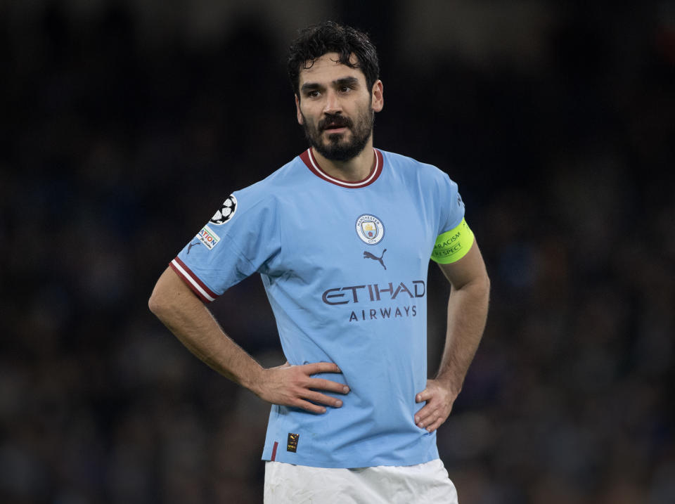 MANCHESTER, ENGLAND - MARCH 14: Ilkay Gundogan  of Manchester City during the UEFA Champions League round of 16 leg two match between Manchester City and RB Leipzig at Etihad Stadium on March 14, 2023 in Manchester, United Kingdom. (Photo by Visionhaus/Getty Images)