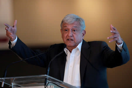 Leftist front-runner Andres Manuel Lopez Obrador of the National Regeneration Movement (MORENA) addresses the audience during a conference organised by the Mexican Construction Industry Association in Guadalajara, Mexico March 23, 2018. REUTERS/Henry Romero