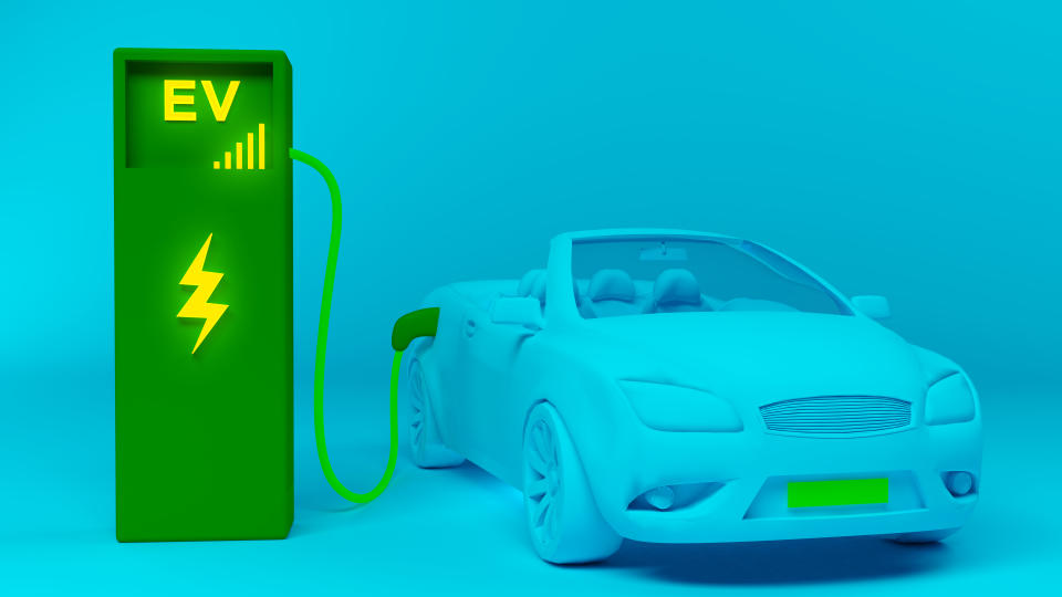 A conceptual 3D render of electrical car EV getting charged from a charging station. Sky blue background and sky blue car with green charging station.
