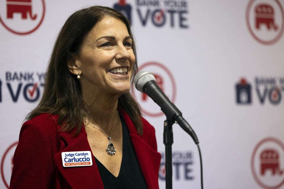 Pennsylvania Supreme Court Republican candidate Judge Carolyn Carluccio speaks at a meet and greet at County Corvette in West Chester, Pa., Monday, Oct. 30, 2023. (AP Photo/Ryan Collerd)