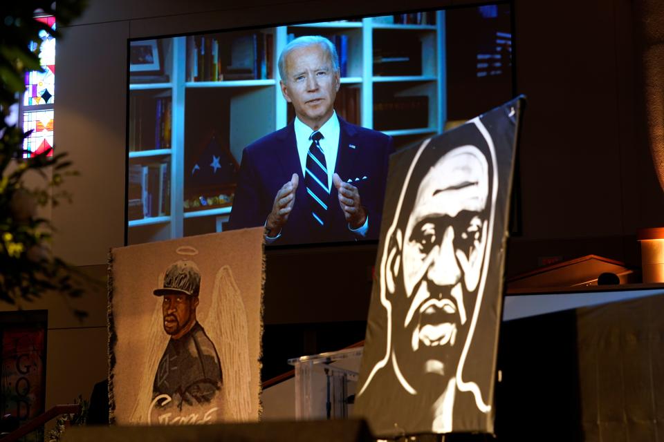 Democratic presumptive presidential candidate and former Vice President Joe Biden speaks via video link as family and guests attend the funeral service for George Floyd at The Fountain of Praise Church on June 9, 2020, in Houston. - George Floyd will be laid to rest Tuesday in his Houston hometown, the culmination of a long farewell to the 46-year-old African American whose death in custody ignited global protests against police brutality and racism.Thousands of well-wishers filed past Floyd's coffin in a public viewing a day earlier, as a court set bail at $1 million for the white officer charged with his murder last month in Minneapolis. (Photo by David J. Phillip / POOL / AFP) (Photo by DAVID J. PHILLIP/POOL/AFP via Getty Images)