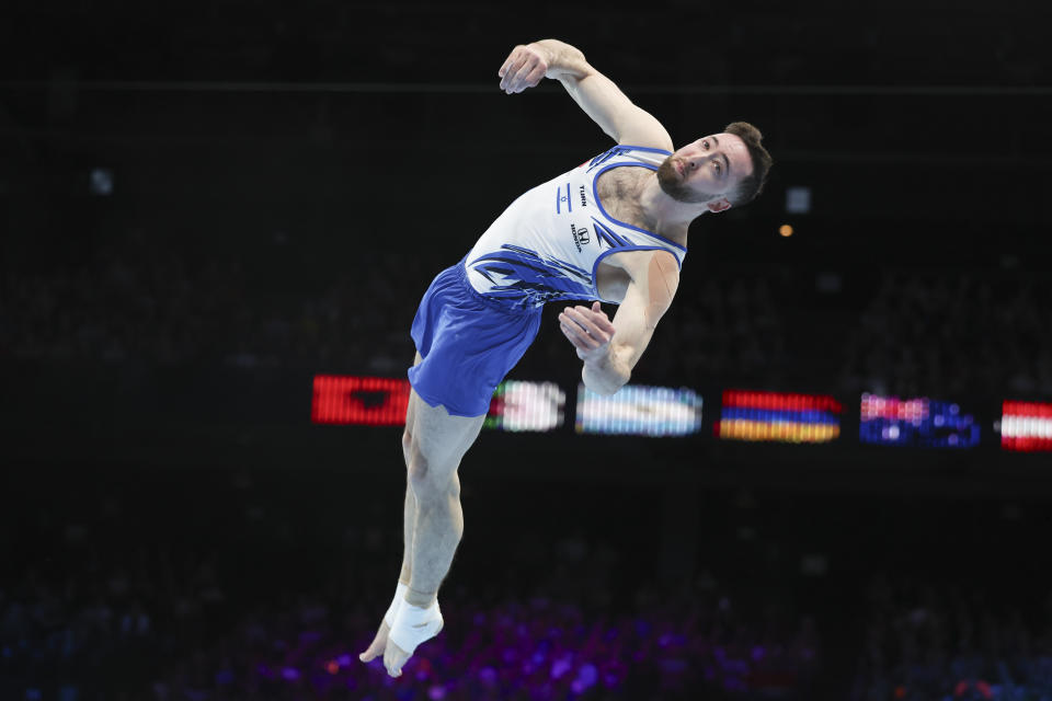 Israel's Artem Dolgopyat competes on the floor during the apparatus finals at the Artistic Gymnastics World Championships in Antwerp, Belgium, Saturday, Oct. 7, 2023. (AP Photo/Geert vanden Wijngaert)