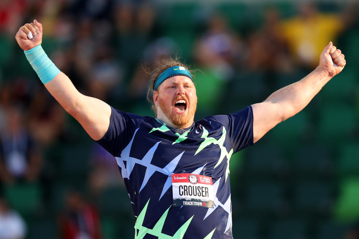 EUGENE, OREGON - JUNE 18: Ryan Crouser competes in the Men's Shot Put final, throwing for a world record of 23.37 meters during day one of the 2020 U.S. Olympic Track & Field Team Trials at Hayward Field on June 18, 2021 in Eugene, Oregon. (Patrick Smith/Getty Images)