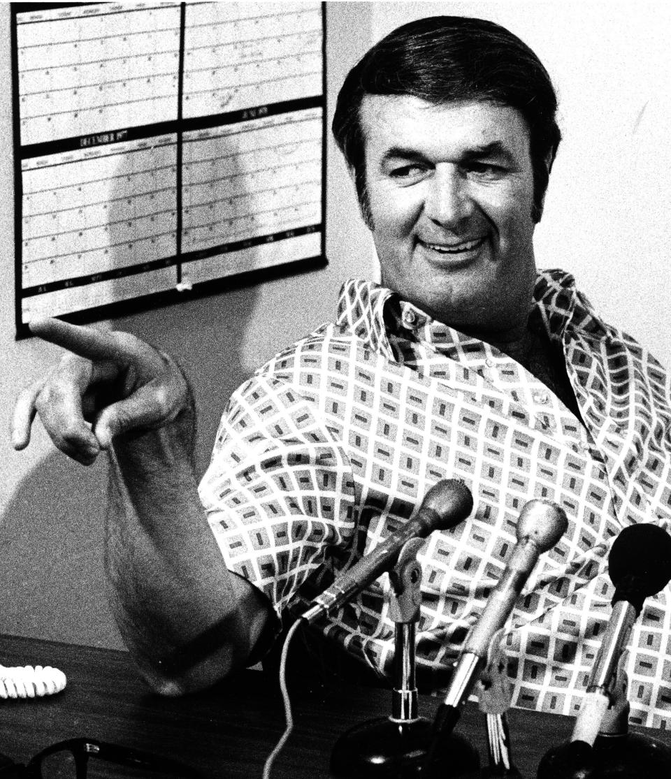 FILE - Indiana Pacers' coach Bobby Leonard gestures during a press conference in Indianapolis, in this June 8, 1978, file photo. Leonard, the former NBA player and Hall of Fame coach who won three ABA championships with the Indiana Pacers and spent more than a half century with the organization, has died. He was 88. His death was announced by the Pacers on Tuesday, April 13, 2021. (AP Photo/File)