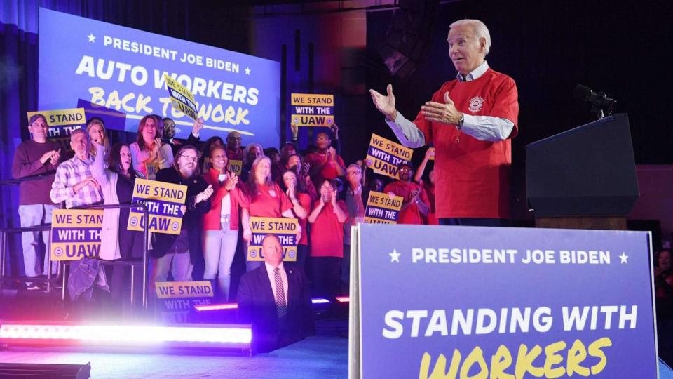 PHOTO: President Joe Biden gestures as he speaks about the economy and the deal between the United Auto Workers (UAW) Union and the big-three automakers, in Belvidere, Illinois, on Nov. 9, 2023. (Olivier Douliery/AFP via Getty Images)