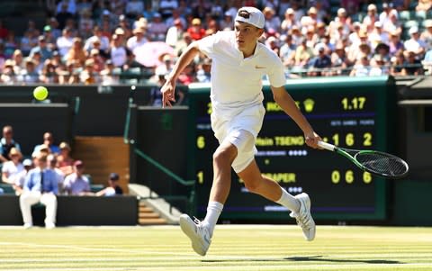 Jack Draper of Great Britain returns against Chun Hsin Tseng of Taiwan during the Boys' Singles final on day thirteen of the Wimbledon Lawn Tennis Championships at All England Lawn Tennis and Croquet Club on July 15, 2018 in London, England - Credit:  Getty Images