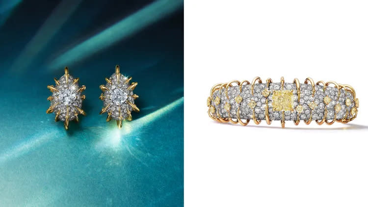 燦爛之輝系列（左圖）鉑金與18K黃金鑲嵌逾3克拉濃彩黃鑽及鑽石耳環；（右圖）鉑金與18K黃金鑲嵌逾5克拉濃彩黃鑽及鑽石手環。品牌提供