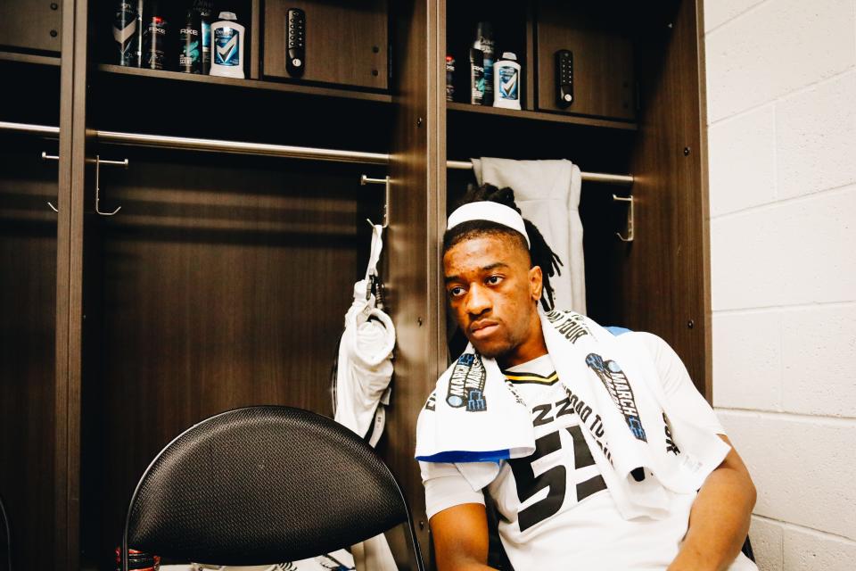 Missouri guard Sean East stares in a personal moment of silence after Princeton's 78-63 win in the Second Round of the NCAA Tournament on March 18, 2023, in Sacramento, Calif.