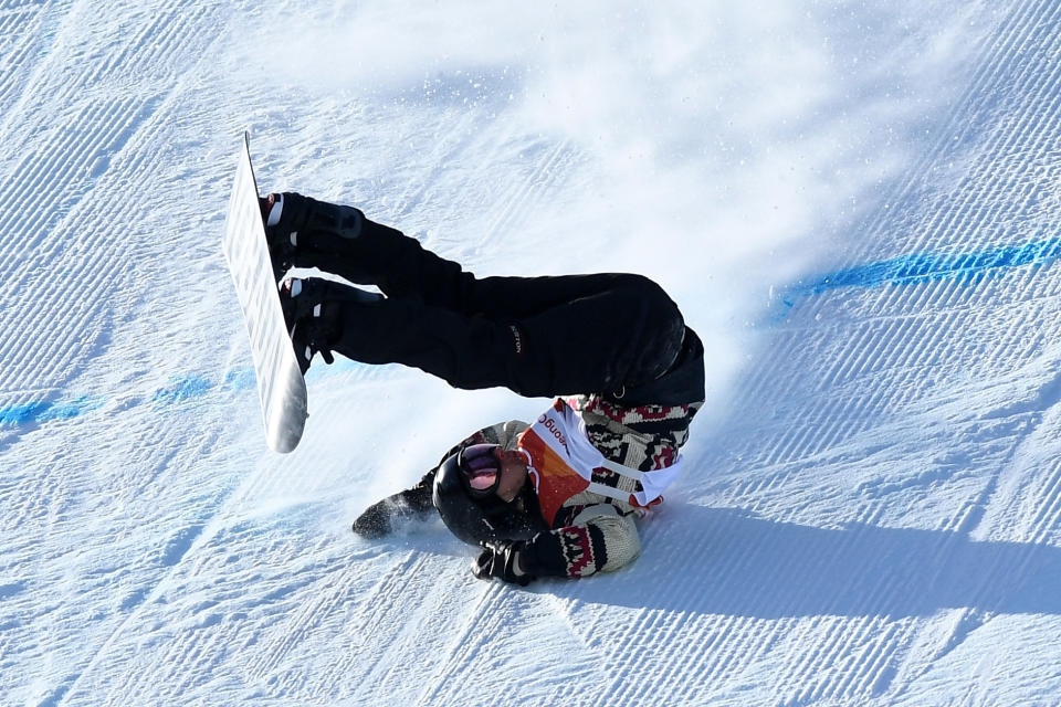 <p>Max Parrot of Canada crashes during the Snowboard Men’s Slopestyle Final on day two of the PyeongChang 2018 Winter Olympic Games at Phoenix Snow Park on February 11, 2018 in Pyeongchang-gun, South Korea. (Photo by David Ramos/Getty Images) </p>