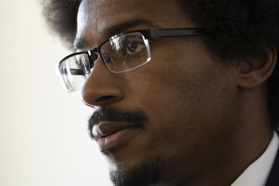 State Rep. Justin Pearson, D-Memphis, responds to questions during an interview at his office Monday, April 17, 2023, in Nashville, Tenn. (AP Photo/George Walker IV)