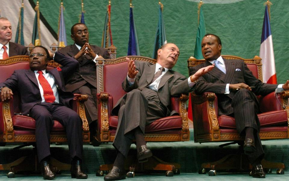 French President Jacques Chirac (C) flanked by Gabon's Omar Bongo (L) and Congo's Sassou Nguesso (R) during a meeting in 2005 - EPA